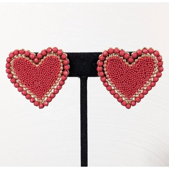 Red Beaded Heart Earrings Bold Statement Gold Tone Valentines Love - Picture 1 of 6